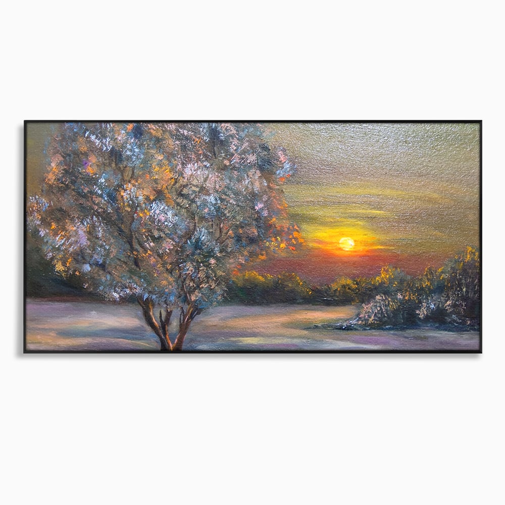 Tablou canvas cu pictura peisaj cu copac si apus, in rama de aluminiu negru